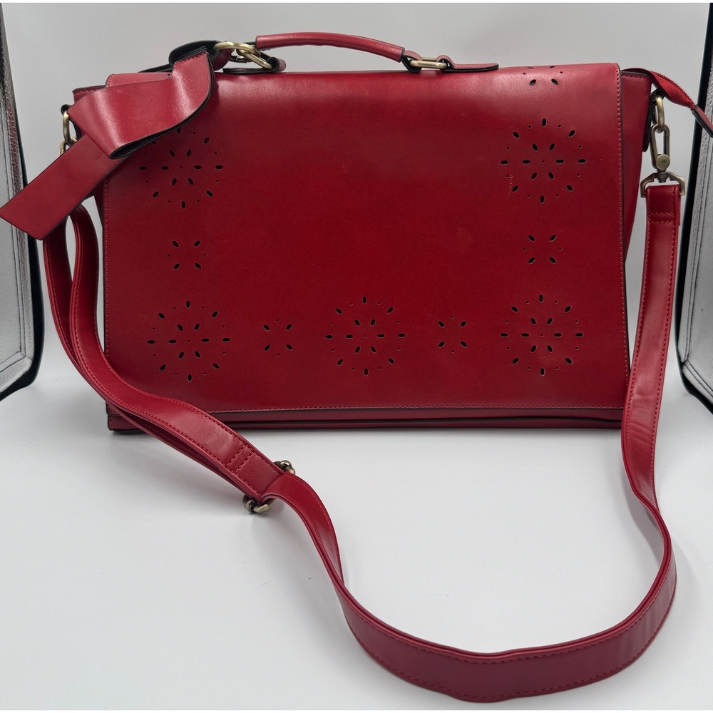 Chic Red Split Leather Satchel Bag with Laser Cut Floral Design Laptop Shoulder